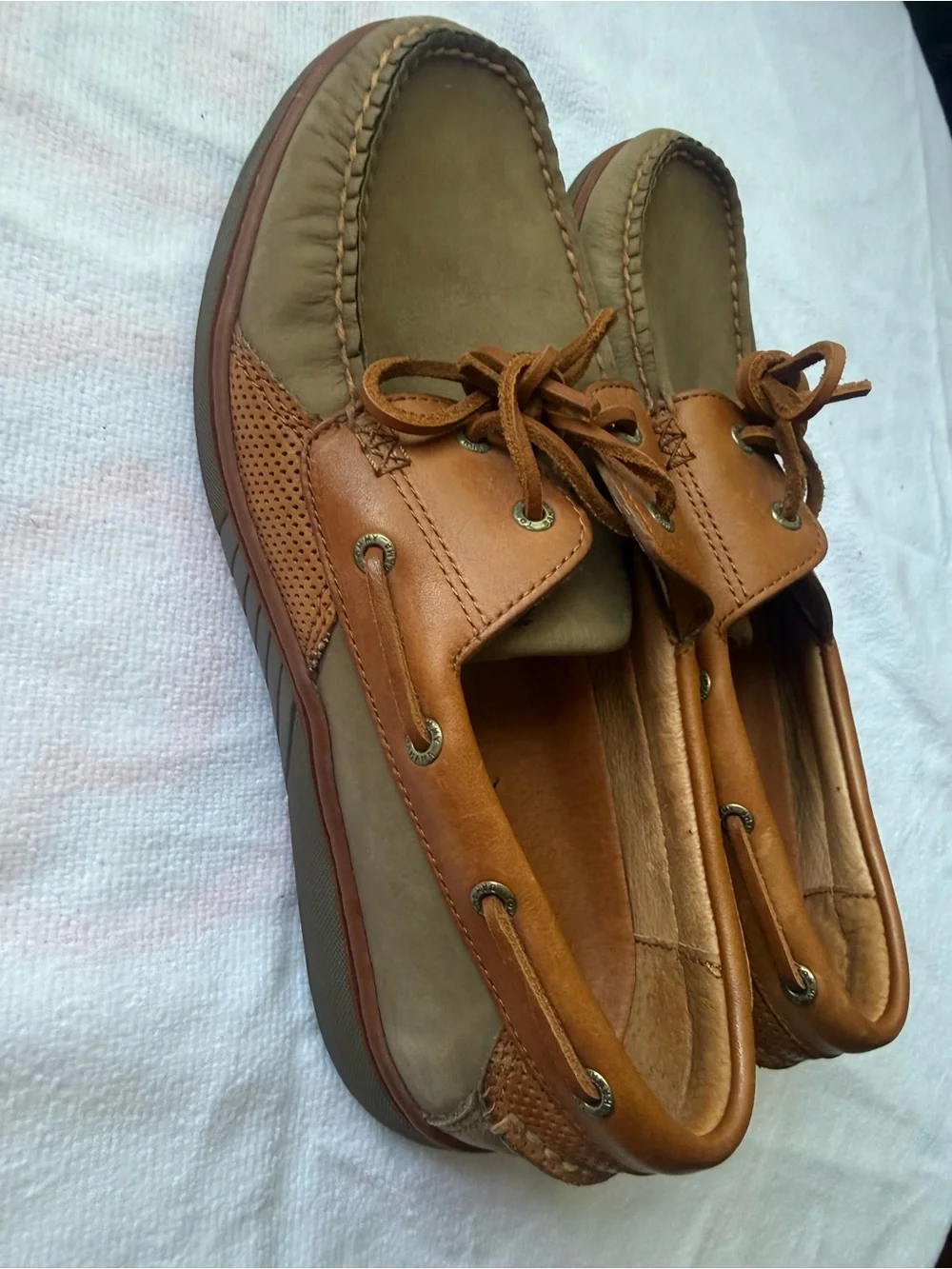 Tommy Bahama Two-Tone Tan and Brown Leather Boat Shoes